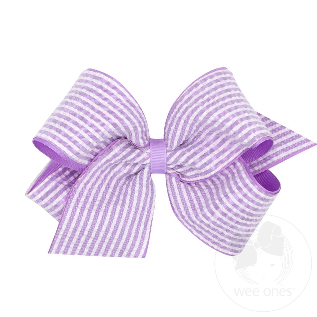 King Genuine Seersucker Fabric and Grosgrain Overlay Hair Bow - LT ORCHID