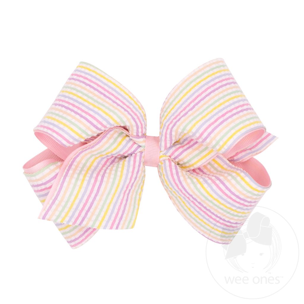 King Genuine Seersucker Fabric and Grosgrain Overlay Hair Bow - MULTI