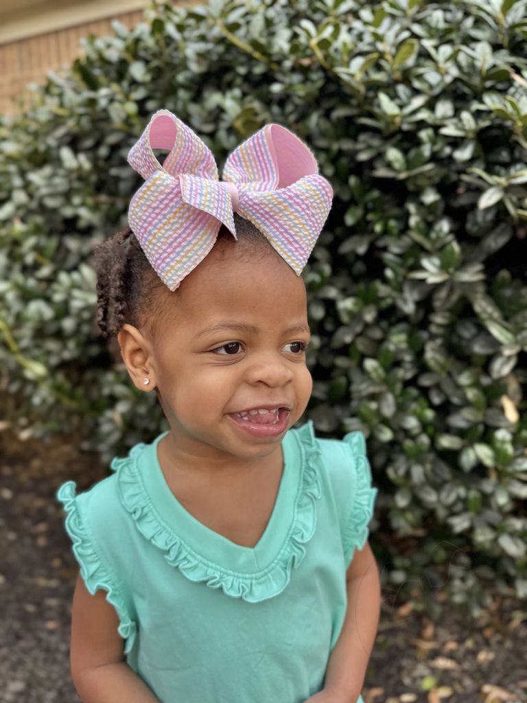 King Genuine Seersucker Fabric and Grosgrain Overlay Hair Bow