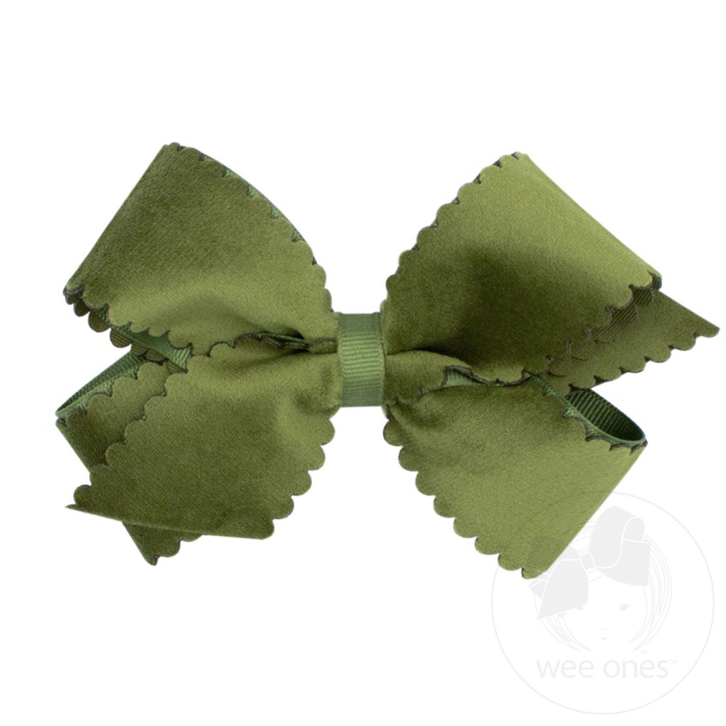 Medium Grosgrain Hair Bow with Scalloped Edge Faux Velvet Overlay - MOSS