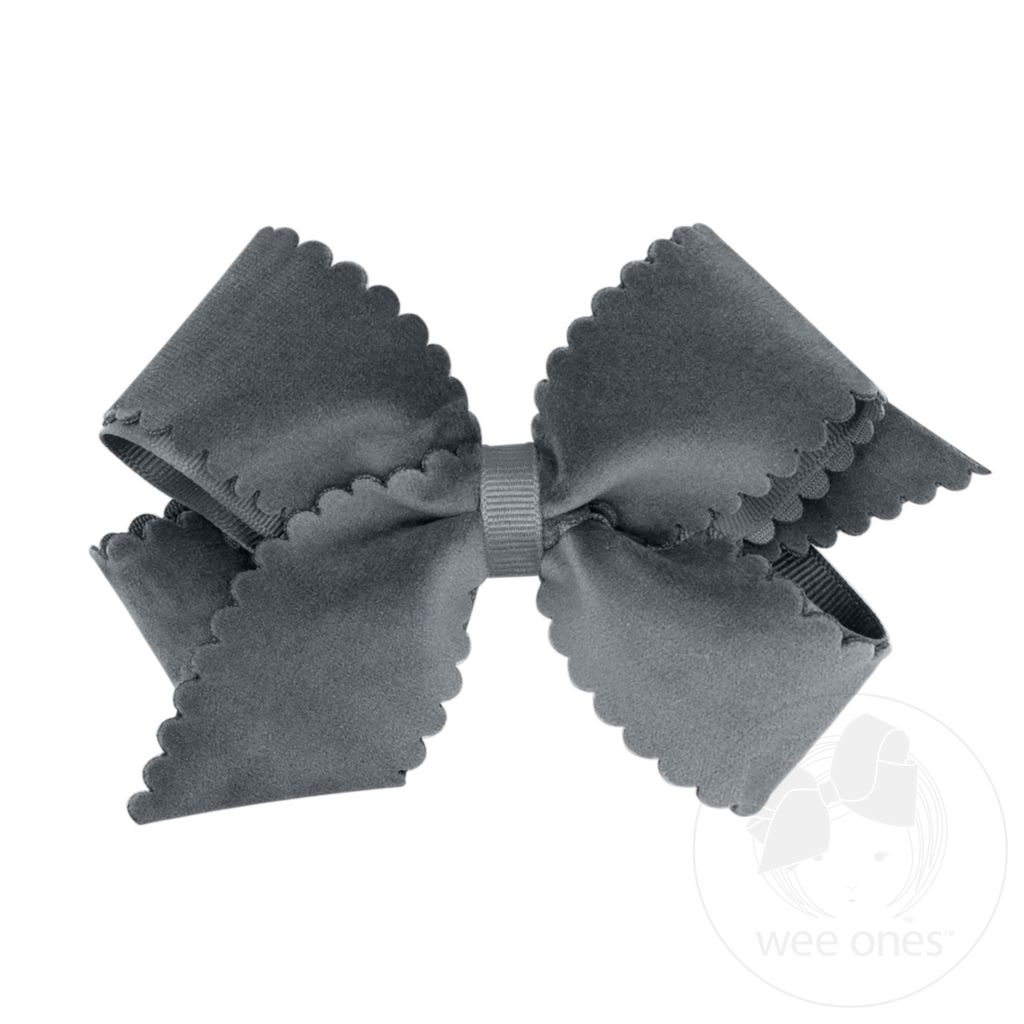 Medium Grosgrain Hair Bow with Scalloped Edge Faux Velvet Overlay - PEWTER