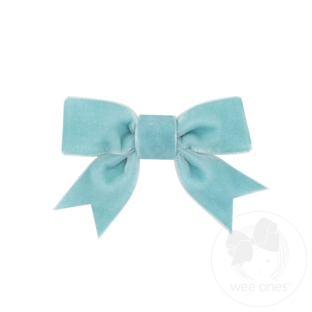 Mini Velvet Two-Loop Bow with Fancy Cut Tail - DUSTY BLUE
