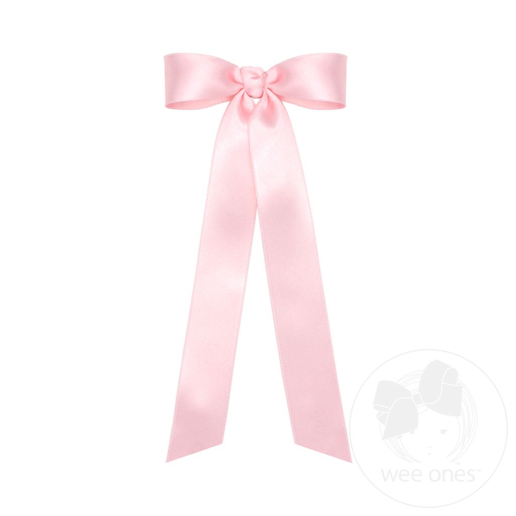 Mini French Satin Hair Bowtie with Knot Wrap and Streamer Tails - LT PINK