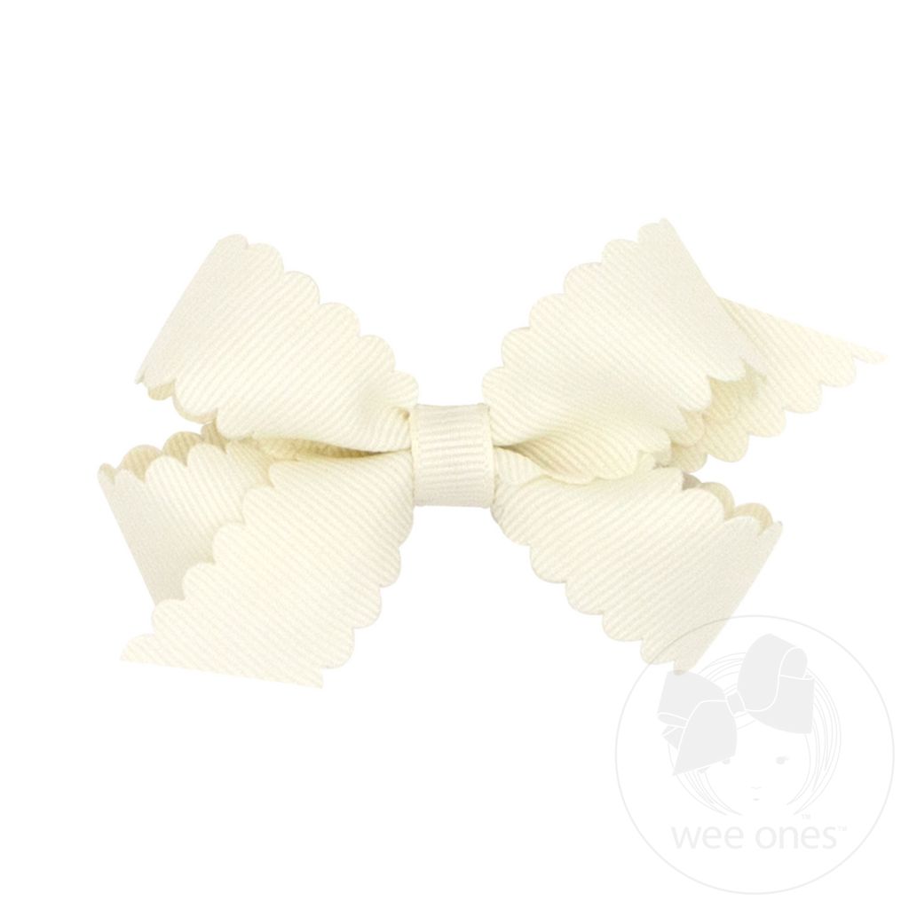 Mini Grosgrain Hair Bow with Scalloped Edge - ANTIQUE WHITE