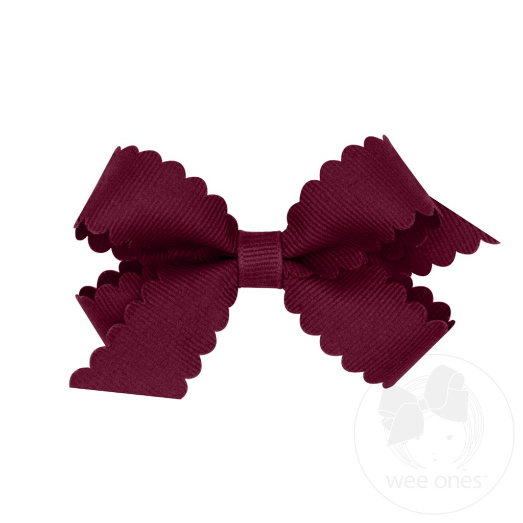 Mini Grosgrain Hair Bow with Scalloped Edge - BURGUNDY