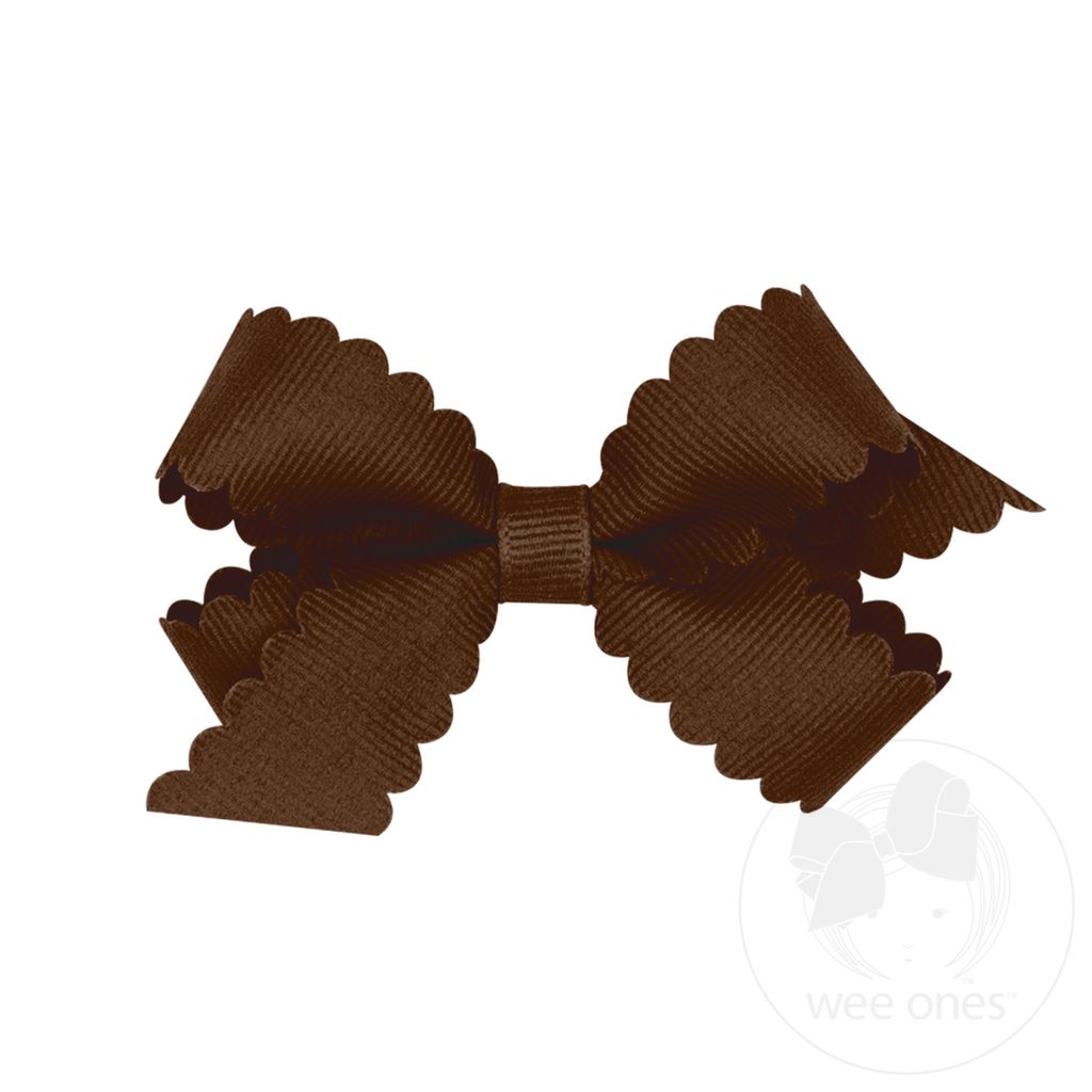 Mini Grosgrain Hair Bow with Scalloped Edge - COFFEE