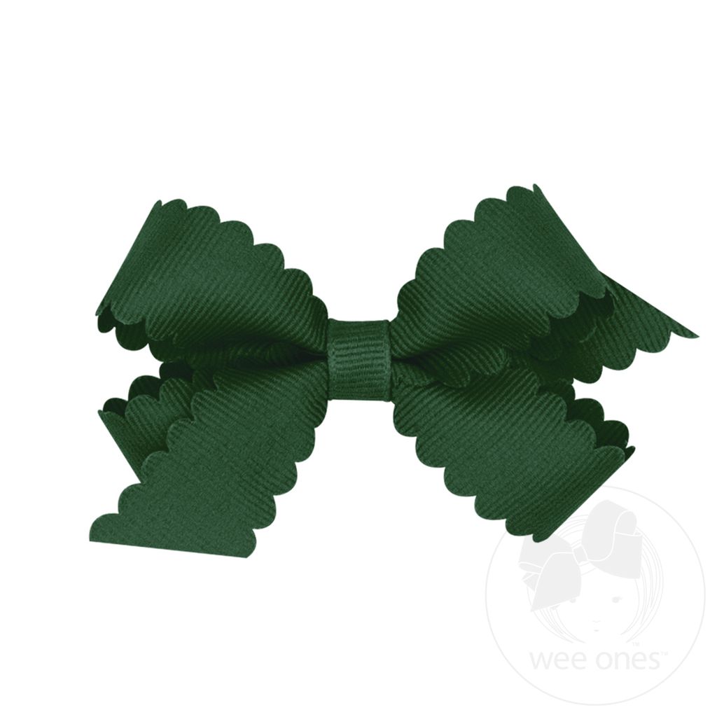 Mini Grosgrain Hair Bow with Scalloped Edge - FOREST GREEN