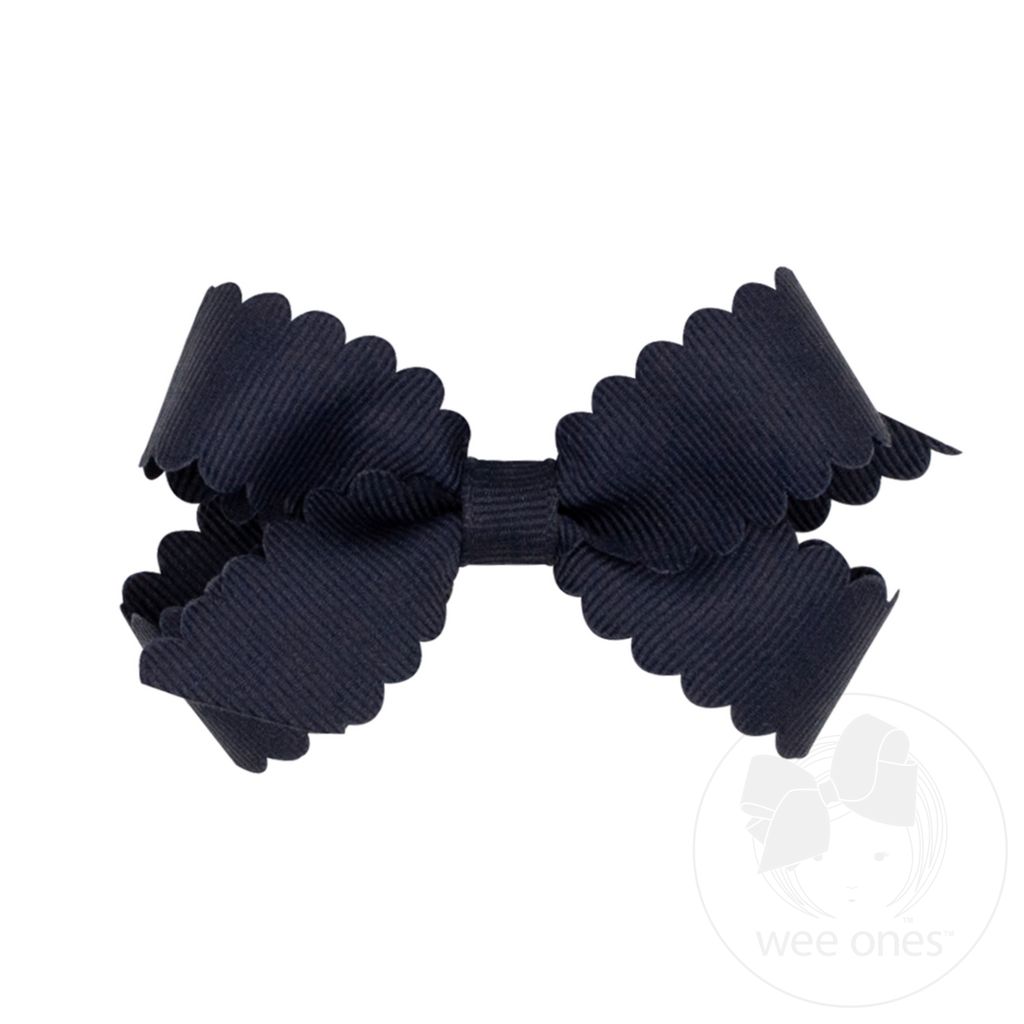 Mini Grosgrain Hair Bow with Scalloped Edge - NAVY