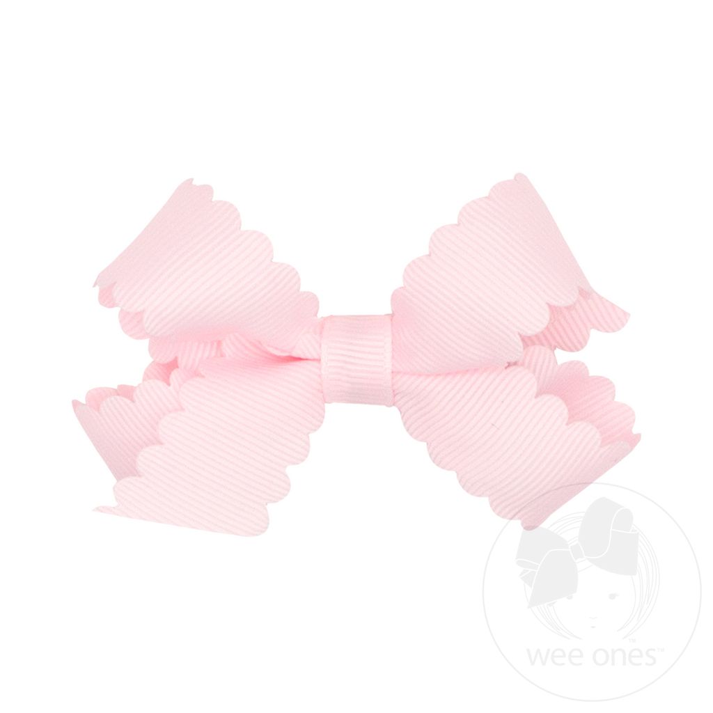 Mini Grosgrain Hair Bow with Scalloped Edge - POWDER PINK