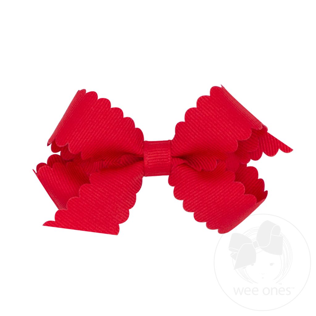Mini Grosgrain Hair Bow with Scalloped Edge - RED