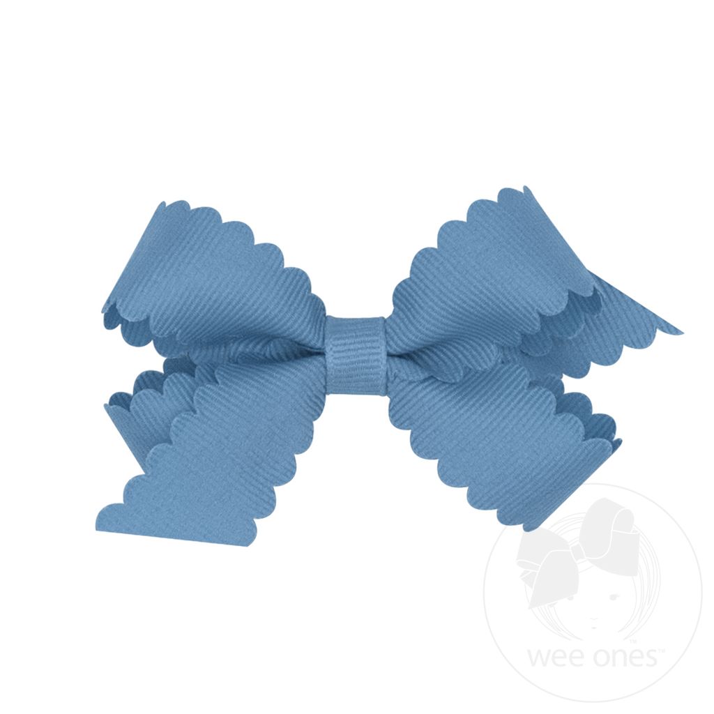 Mini Grosgrain Hair Bow with Scalloped Edge - SMOKE BLUE