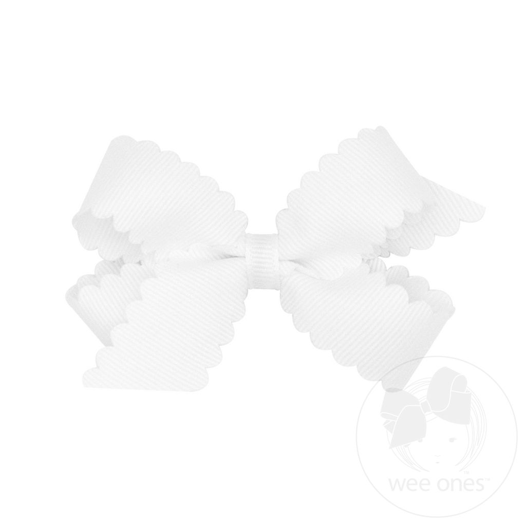 Mini Grosgrain Hair Bow with Scalloped Edge - WHITE