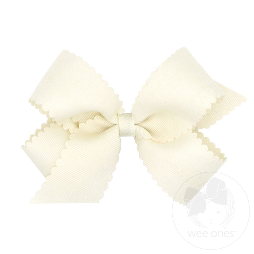 Medium Grosgrain Hair Bow with Scalloped Edge - ANTIQUE WHITE