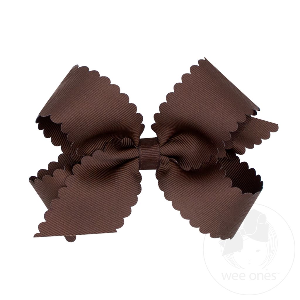 Medium Grosgrain Hair Bow with Scalloped Edge - COFFEE