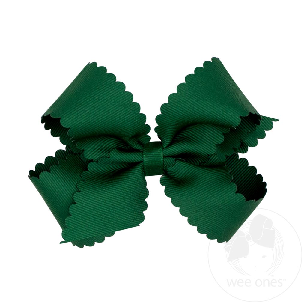 Medium Grosgrain Hair Bow with Scalloped Edge - FOREST GREEN