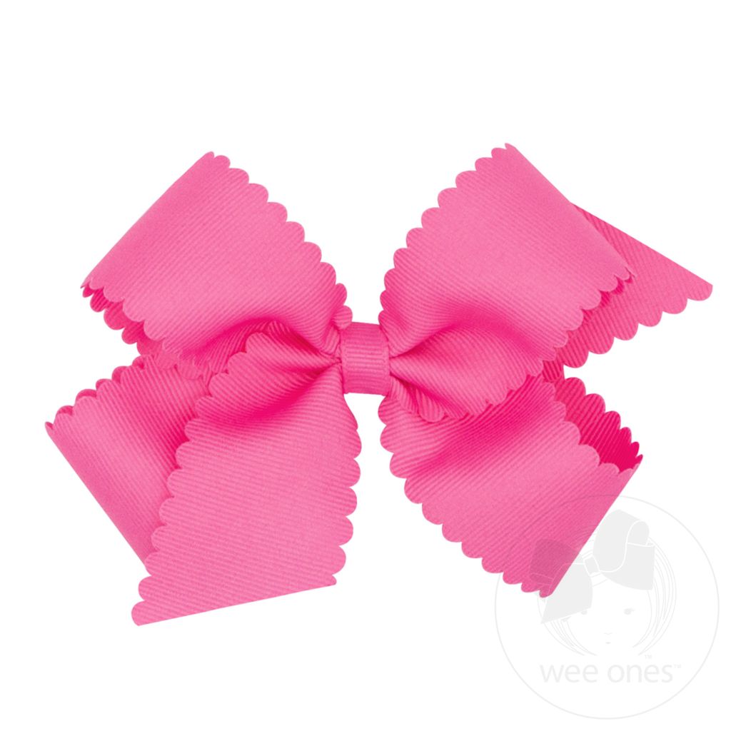 Medium Grosgrain Hair Bow with Scalloped Edge - HOT PINK