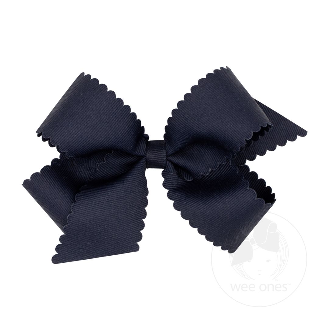 Medium Grosgrain Hair Bow with Scalloped Edge - NAVY