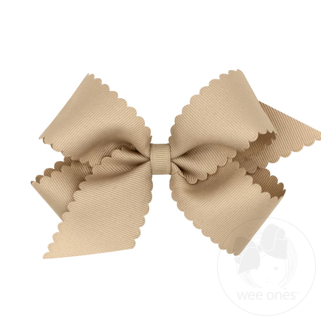 Medium Grosgrain Hair Bow with Scalloped Edge - OATMEAL