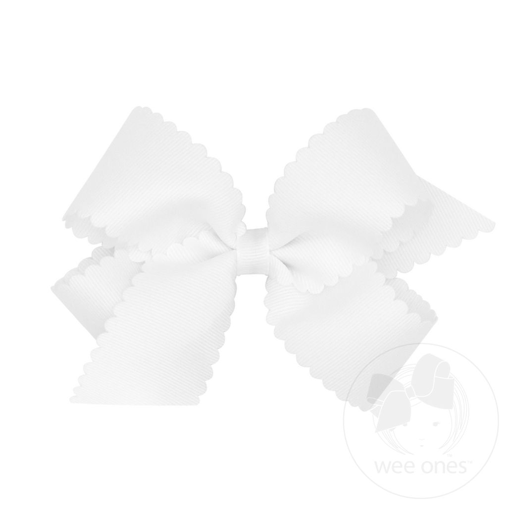 Medium Grosgrain Hair Bow with Scalloped Edge - WHITE