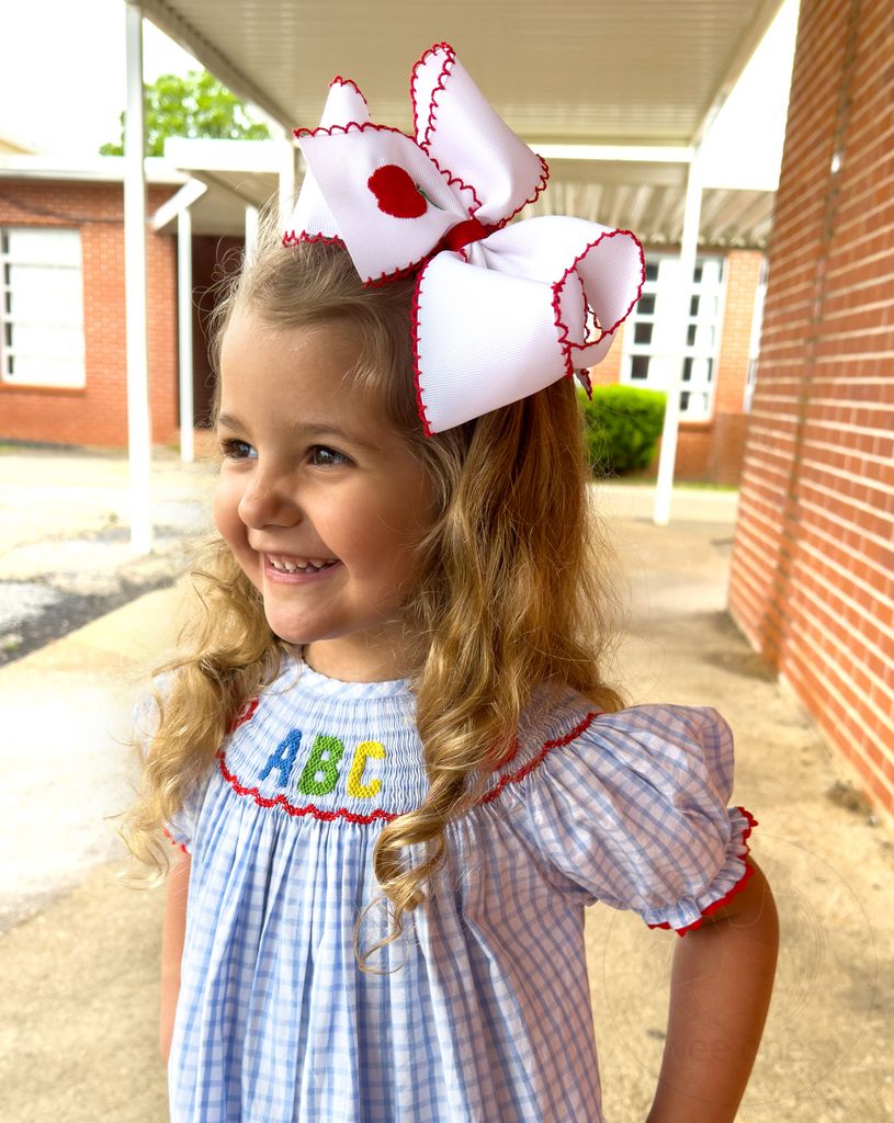King Grosgrain Hair Bow with Moonstitch Edges and Apple Embroidery 