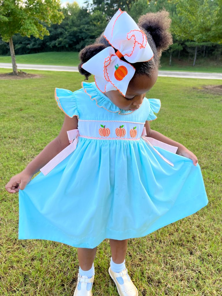 King Grosgrain Hair Bow with Moonstitch Edges and Pumpkin Embroidery 