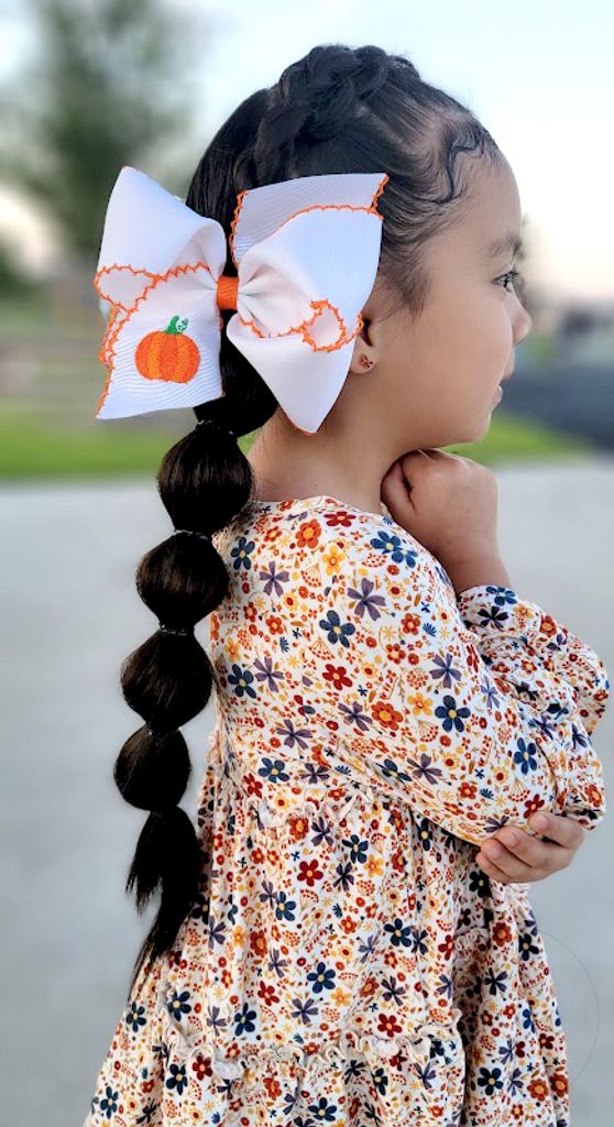 King Grosgrain Hair Bow with Moonstitch Edges and Pumpkin Embroidery 