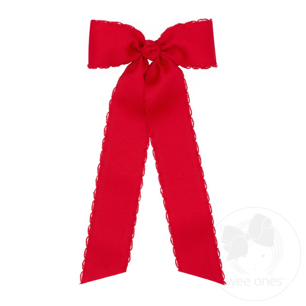 Medium Grosgrain Bowtie with Matching Moonstitch Edge, Knot Wrap and Streamer Tails - RED