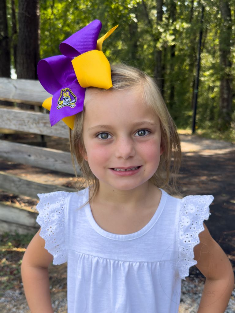 King Two-tone Grosgrain Hair Bow with Embroidered Collegiate Logo