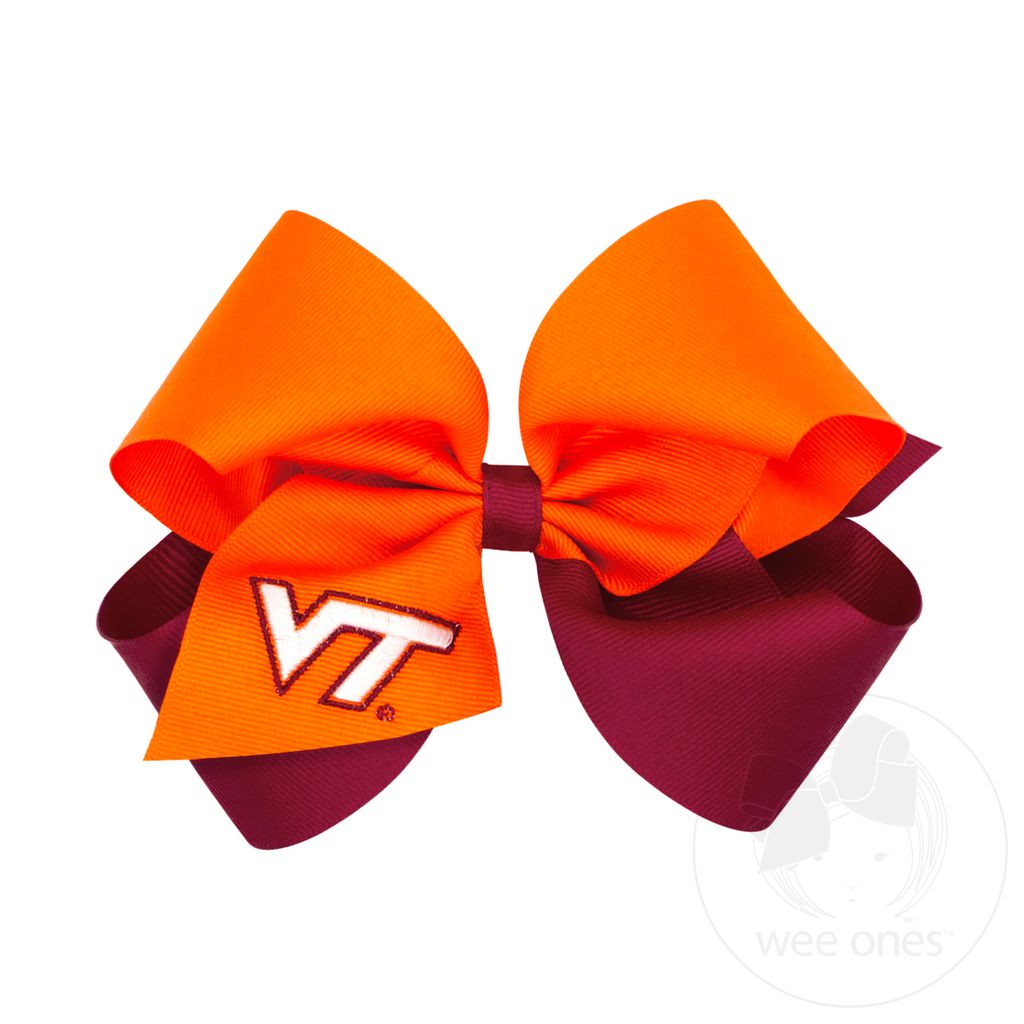 King Two-tone Grosgrain Hair Bow with Embroidered Collegiate Logo - VIRGINIA TECH