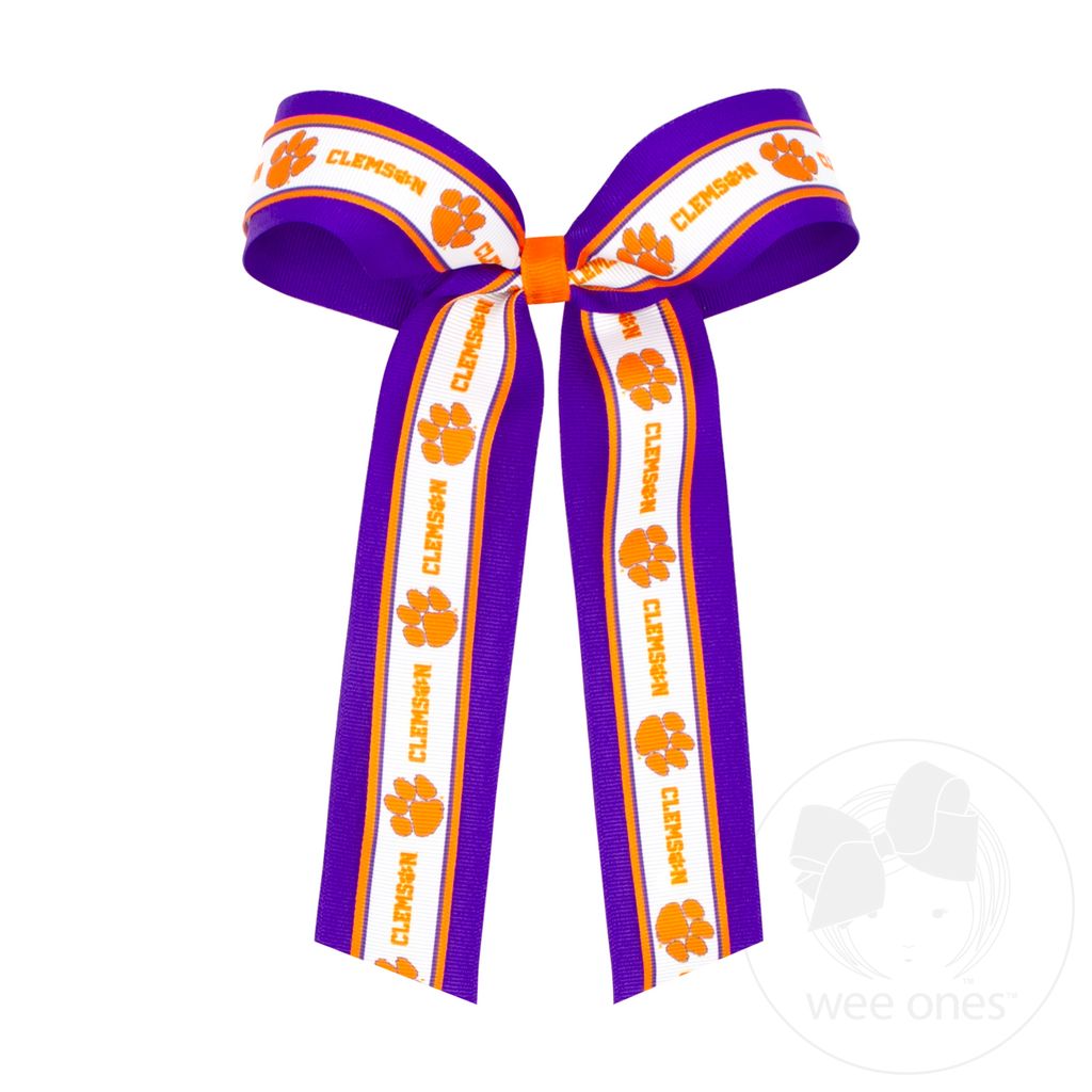 Large Clemson Logo Ribbon Underlay Hair Bow with Streamer Tails - CLEMSON