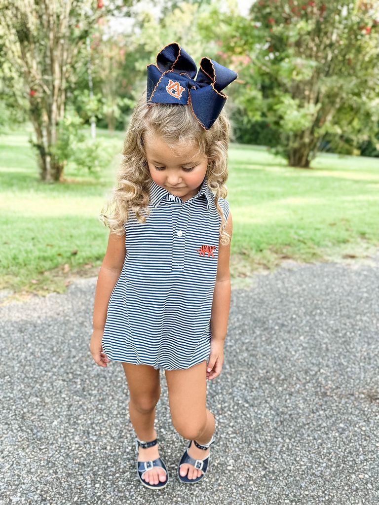 King Grosgrain Hair Bow with Moonstitch Edge and Embroidered Collegiate Logo