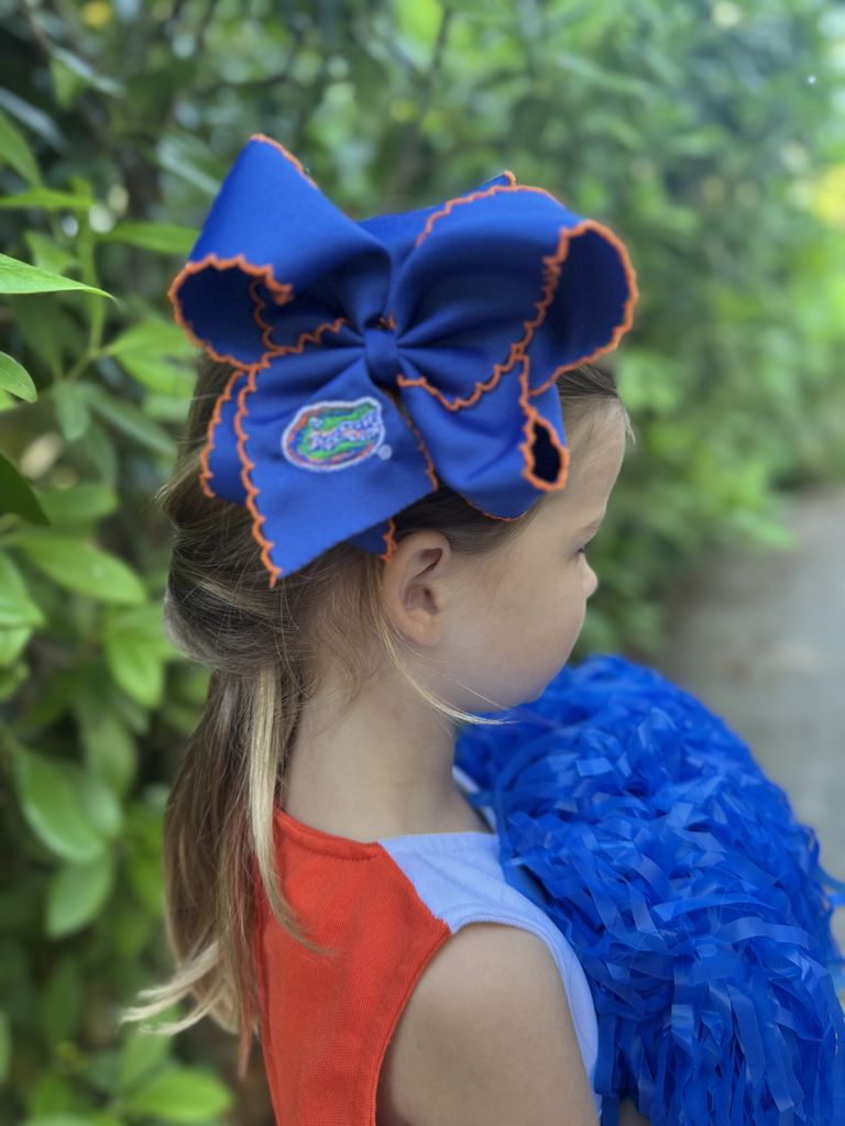 King Grosgrain Hair Bow with Moonstitch Edge and Embroidered Collegiate Logo