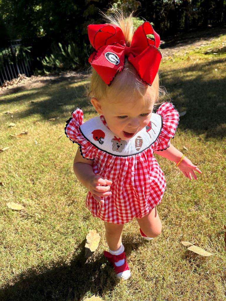 King Grosgrain Hair Bow with Moonstitch Edge and Embroidered Collegiate Logo