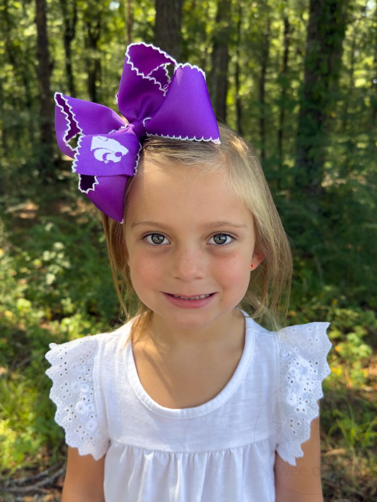 King Grosgrain Hair Bow with Moonstitch Edge and Embroidered Collegiate Logo