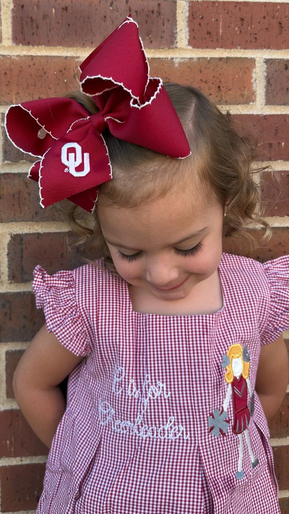 King Grosgrain Hair Bow with Moonstitch Edge and Embroidered Collegiate Logo