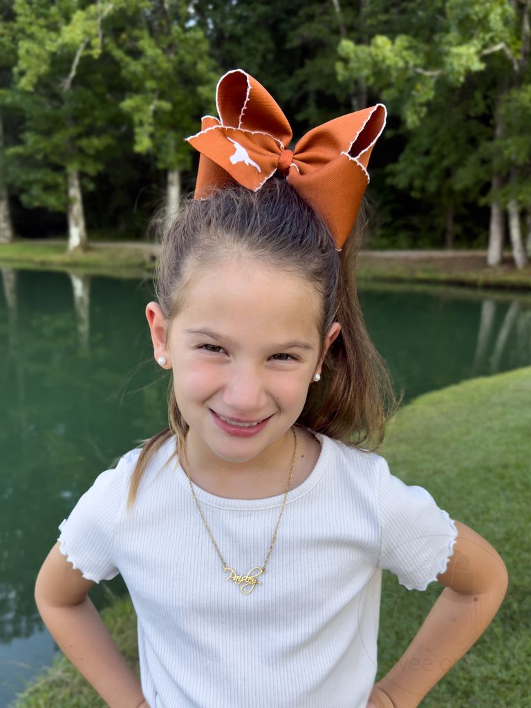 King Grosgrain Hair Bow with Moonstitch Edge and Embroidered Collegiate Logo