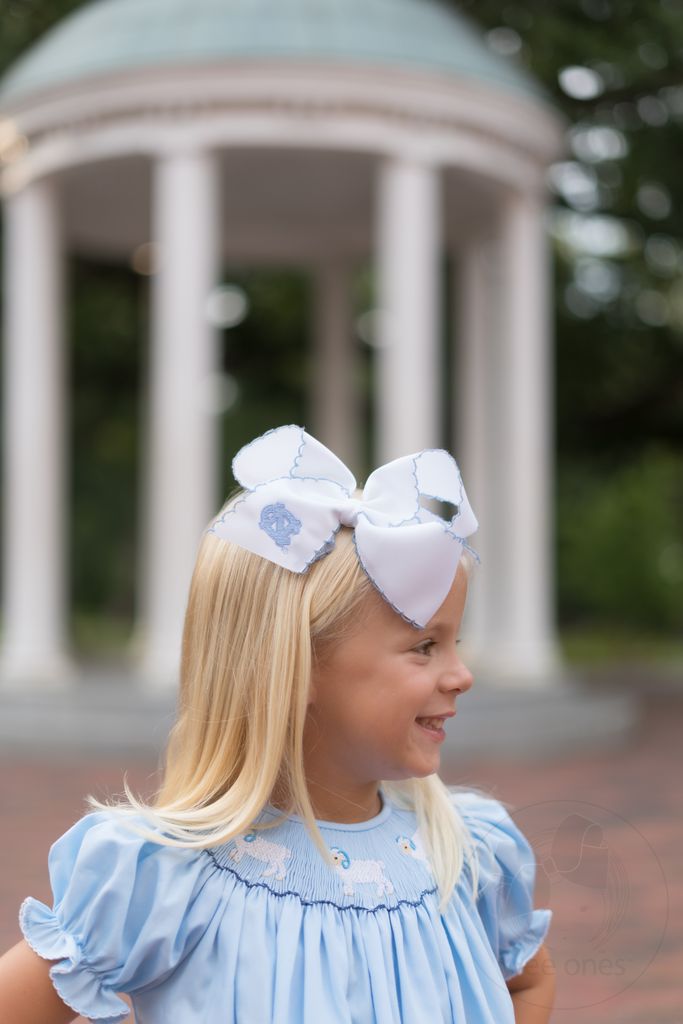 King Grosgrain Hair Bow with Moonstitch Edge and Embroidered Collegiate Logo