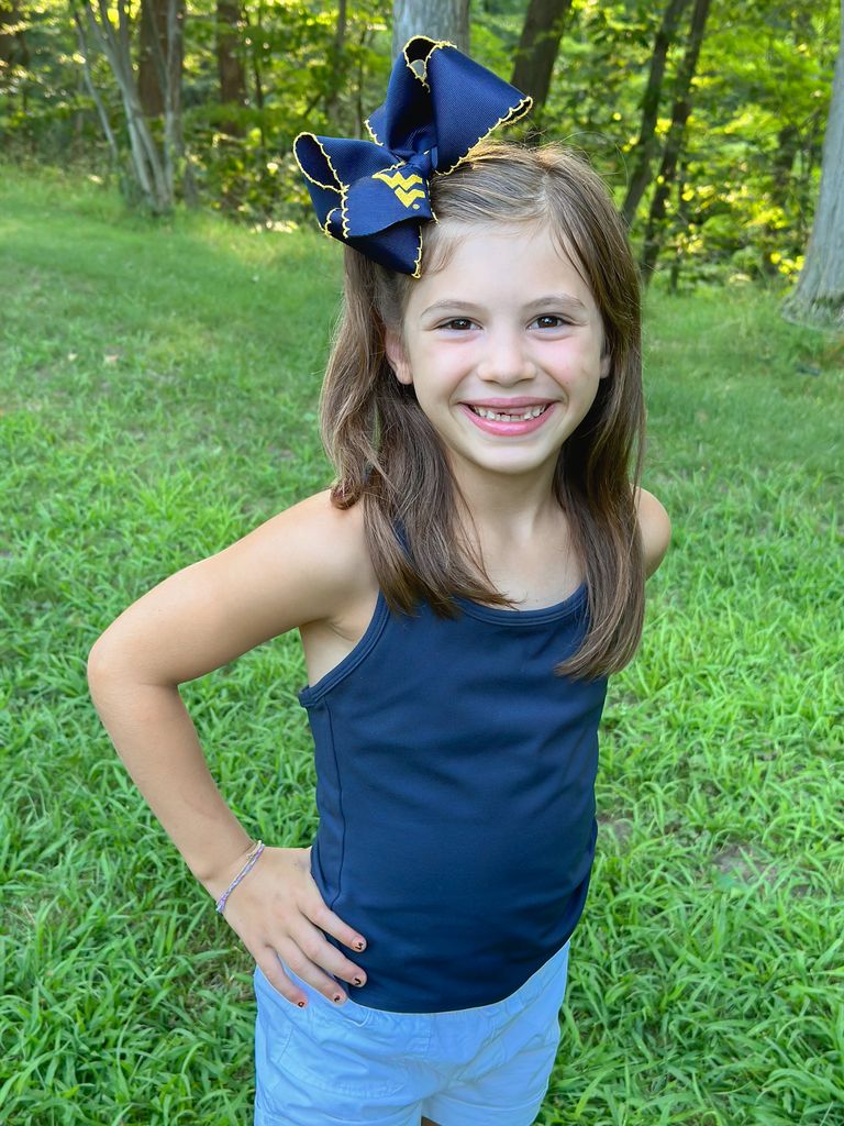 King Grosgrain Hair Bow with Moonstitch Edge and Embroidered Collegiate Logo