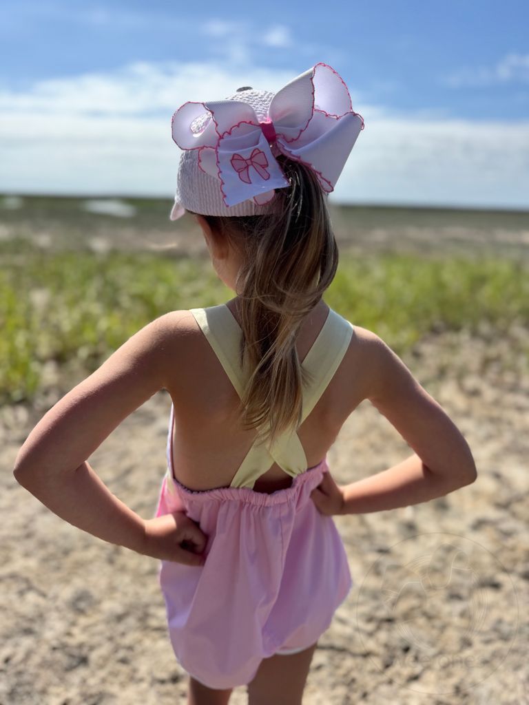 King Grosgrain Hair Bow with Moonstitch Edge and Pearl Pink Bow Embroidery