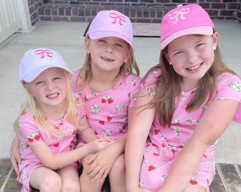 Girls Embroidered Pink Bow Chambray Cotton Twill Ball Cap