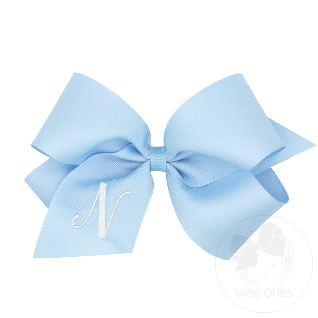 King Monogrammed Grosgrain Girls Hair Bow - Blue with White Initial - N