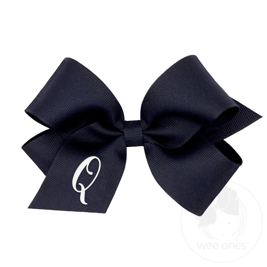 Medium Monogrammed Grosgrain Girls Hair Bow - Navy with White Initial - Q