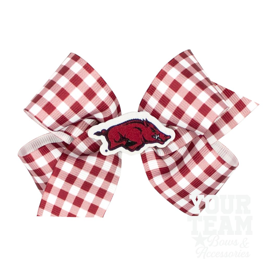 Medium Arkansas Gingham Hair Bow with Logo Patch - ARKANSAS