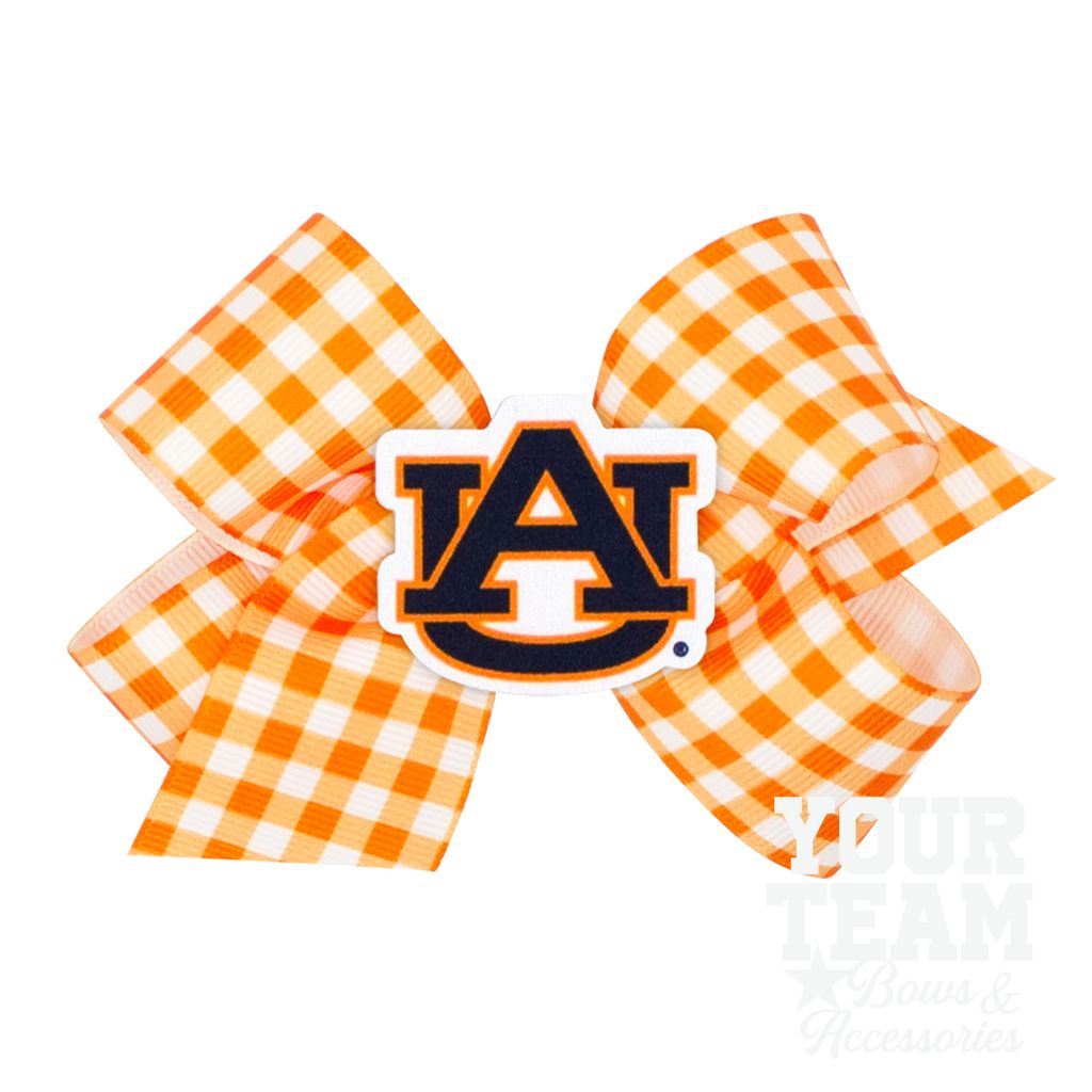 Medium Auburn Gingham Hair Bow with Logo Patch - AUBURN