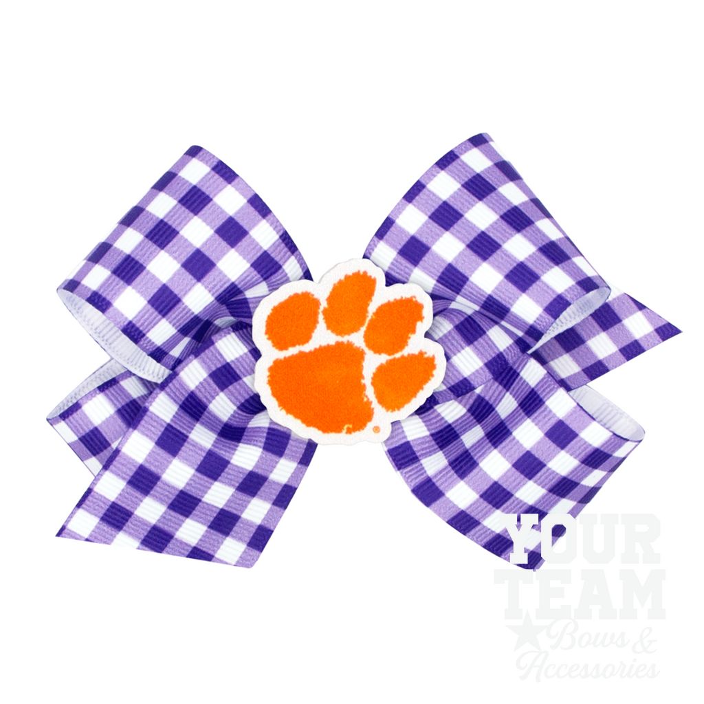 Medium Clemson Gingham Hair Bow with Logo Patch - CLEMSON