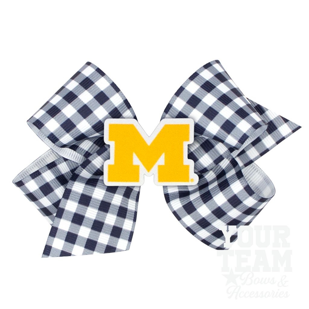 Medium Michigan Gingham Hair Bow with Logo Patch - MICHIGAN