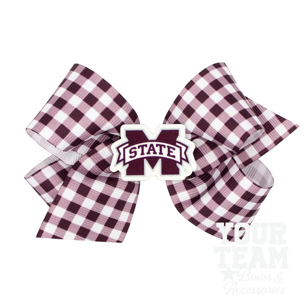 Medium Mississippi State Gingham Hair Bow with Logo Patch - MISSISSIPPI STATE