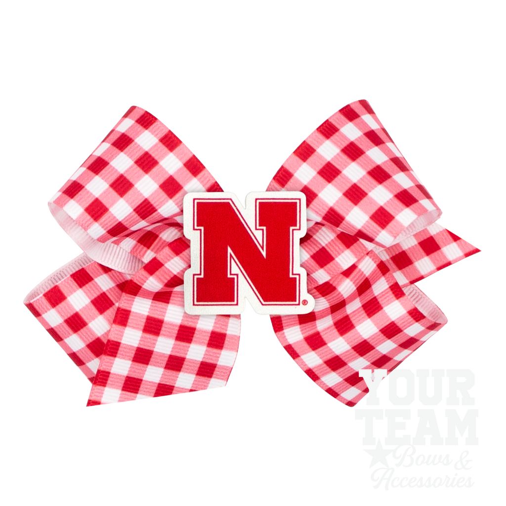Medium Nebraska Gingham Hair Bow with Logo Patch - NEBRASKA