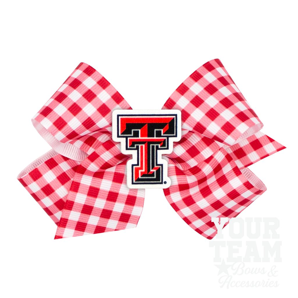 Medium Texas Tech Gingham Hair Bow with Logo Patch - TEXAS TECH