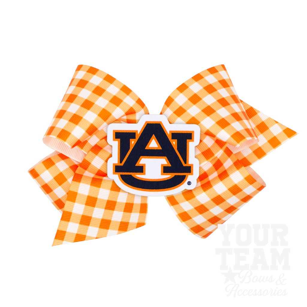 King Auburn Gingham Hair Bow with Logo Patch - AUBURN